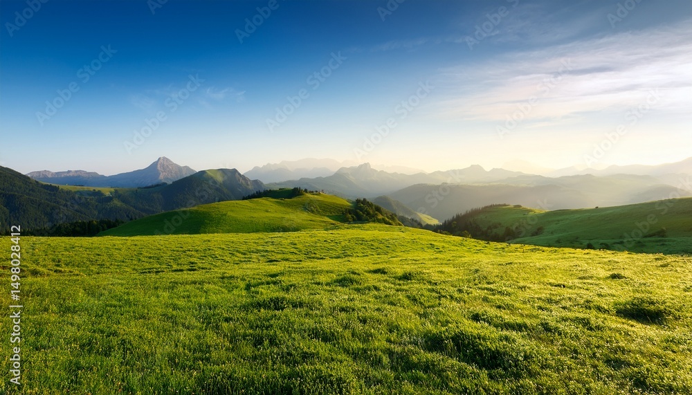 Obraz premium wide landscape scenery with beautiful green grass land and mountain range in the morning with copy space at side