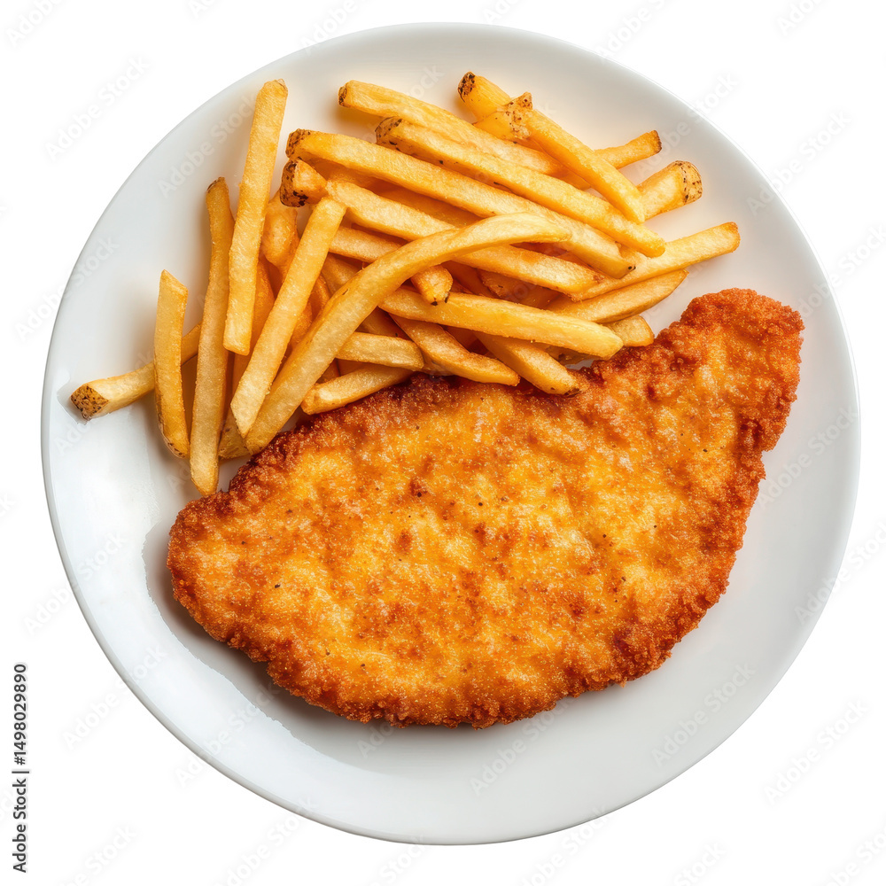 A German schnitzel with fries, A delicious German schnitzel with a crunchy coating, isolated on transparent background A German schnitzel with fries, A delicious German schnitzel with a crunchy coating, isolated on transparent background