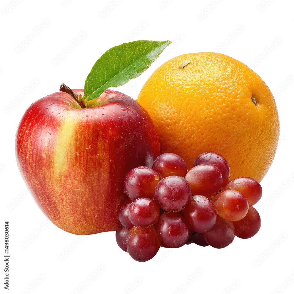A vibrant still life featuring a red apple, an orange, and a bunch of red grapes, all set against a black background, showcasing the textures and colors of fresh fruit A vibrant still life featuring a red apple, an orange, and a bunch of red grapes, all set against a black background, showcasing the textures and colors of fresh fruit