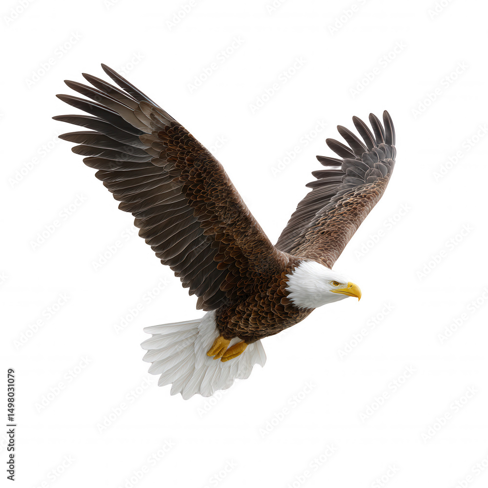 Fototapeta premium A majestic bald eagle gracefully soars through the clear sky, its impressive wings spread wide, showcasing its powerful flight and captivating presence beautifully.