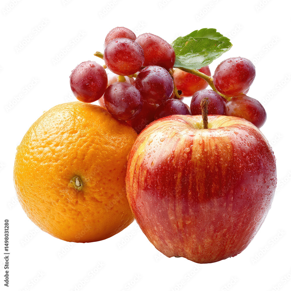 A vibrant still life featuring a red apple, a bright orange, and a bunch of red grapes with leaves, arranged closely together against a black background A vibrant still life featuring a red apple, a bright orange, and a bunch of red grapes with leaves, arranged closely together against a black background