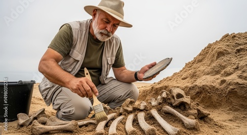 Man archaeologist researcher examining prehistoric skeleton bones in sandy excavation site. Archeology and paleontological research concept.