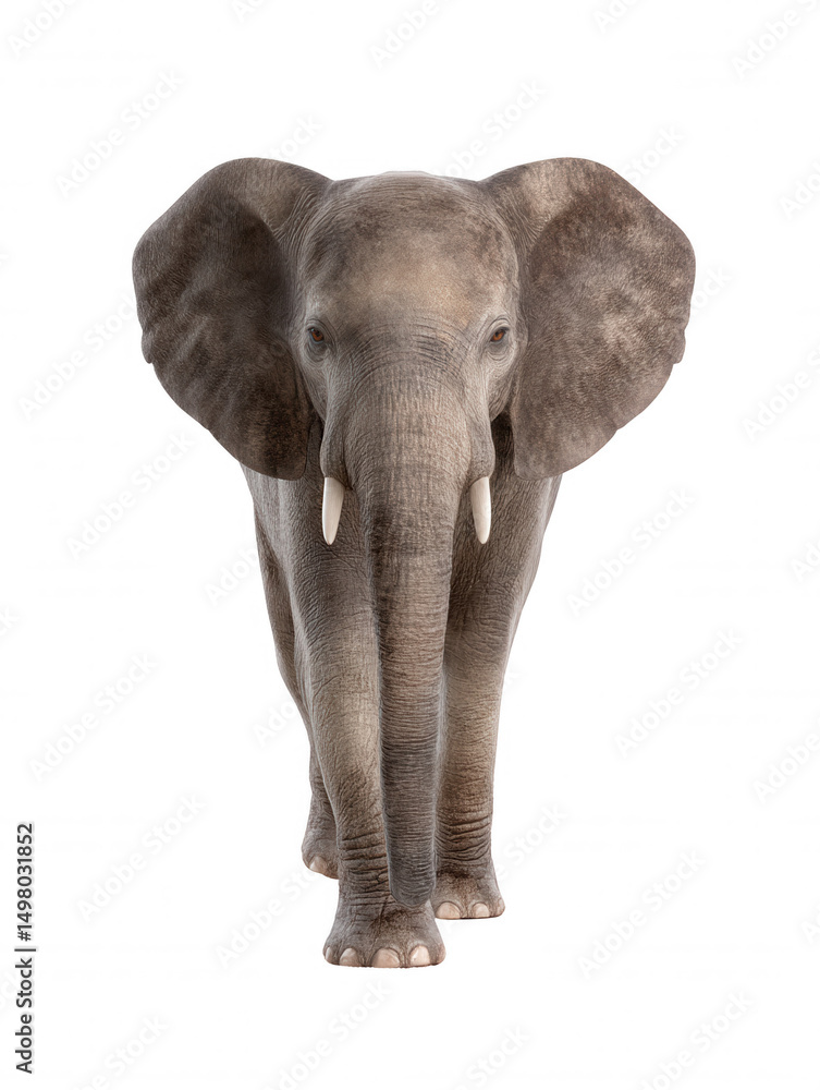 Fototapeta premium An African elephant walks directly toward the camera with its trunk down and ears fanned out against a plain white studio background creating a powerful image.