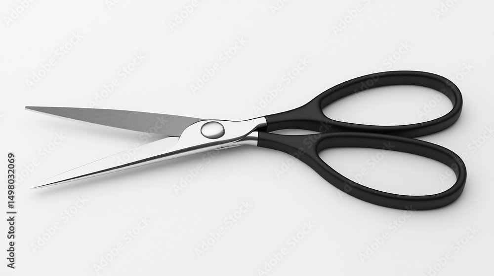 Isolated 3D render of pair of scissors with stainless steel blades ergonomic grip front view on white background Isolated 3D render of pair of scissors with stainless steel blades ergonomic grip front view on white background