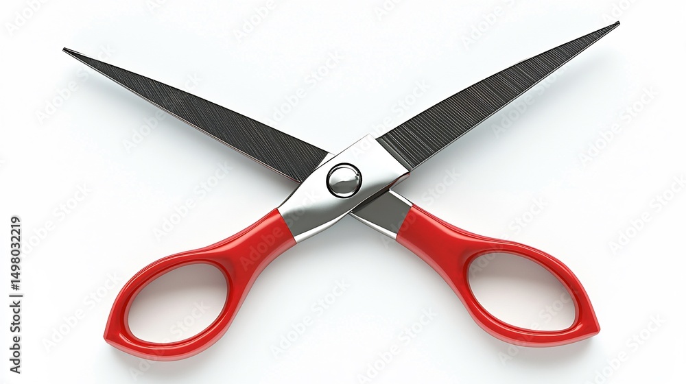 Isolated 3D render of pair of kitchen scissors sharp blades and red handles flat lay on white background Isolated 3D render of pair of kitchen scissors sharp blades and red handles flat lay on white background
