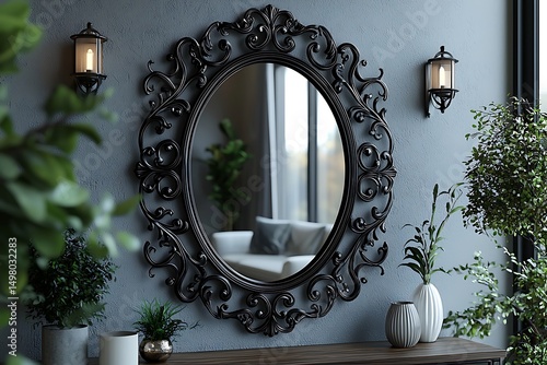 Decorative mirror beside rustic hanging lights high resolution picture
