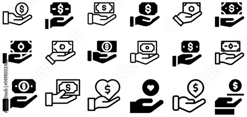 Donation Icon Set – Charity, Giving, Fundraising, Finance Vector:
Icons of hands giving money or heart, representing donation, charity, and fundraising—ideal for nonprofit, social, or financial design