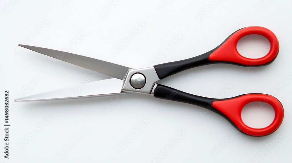 Isolated 3D render of pair of kitchen scissors sharp blades and red handles flat lay on white background Isolated 3D render of pair of kitchen scissors sharp blades and red handles flat lay on white background