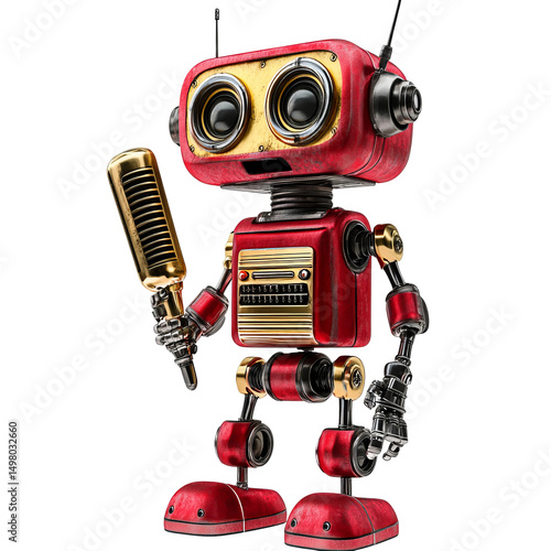 A charming retro robot, gleaming red and gold, holding a microphone in a vibrant, expressive design. Witnessing the charm of technological nostalgia, with a touch of futurism, is truly captivating.