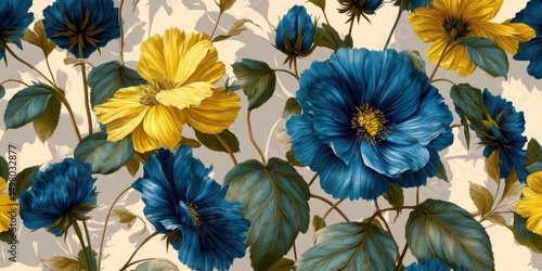Seamless Botanical Pattern with Bright Blue and Yellow Flowers on Neutral Beige Background