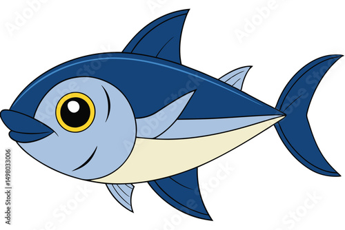 Cartoon Blue Fish Illustration with Yellow Eye and Happy Expression, Fins, Tail