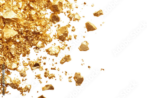 Close-up of glittering gold nuggets and dust, scattered against a black background, exhibiting varied shapes and sizes, creating a luxurious and textured effect