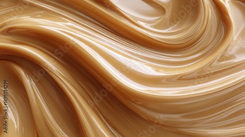 Glossy milk caramel surface in 3D, smooth and thick flowing texture with creamy golden-brown color