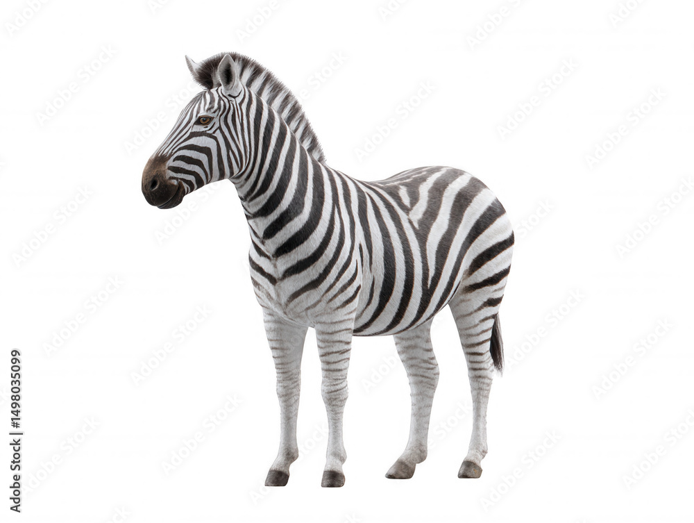 Fototapeta premium A striking zebra stands gracefully against a stark white backdrop, its unique black and white stripes creating a mesmerizing contrast in a wildlife portrait.