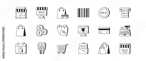 This is a versatile collection of shopping icons that are suitable for use in both retail environments and online platforms, significantly enhancing user experience and overall customer engagement