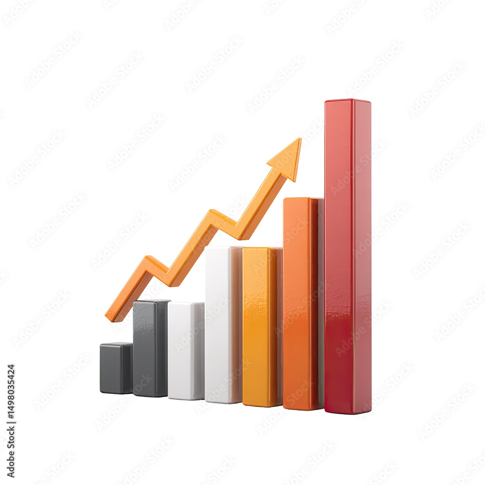 A 3D rendered bar graph depicts upward growth; increasingly taller bars in shades of grey, white, orange, and red are topped by an upward-pointing orange arrow A 3D rendered bar graph depicts upward growth; increasingly taller bars in shades of grey, white, orange, and red are topped by an upward-pointing orange arrow