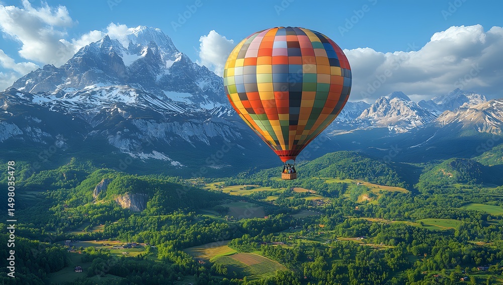 Fototapeta premium Colorful Hot Air Balloon Ascending Over Lush Green Valley and Sn