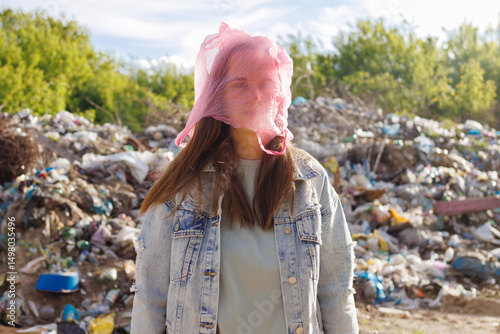 Fotografija A woman with a plastic bag over her head stands at a landfill, symbolizing the suffocation and harm of plastic pollution on the environment