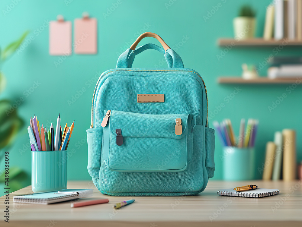 Stylish Turquoise Backpack on a Wooden Table Stylish Turquoise Backpack on a Wooden Table