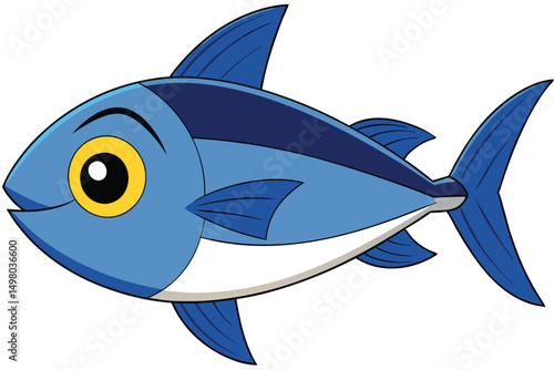 Cartoon Blue Fish with Yellow Eye Swimming Rightward Showing Fins and Tail