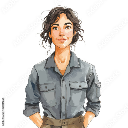 Confident woman with curly hair in a gray buttondown shirt portrait