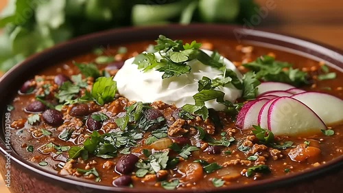 Delicious Bowl of Spicy Chili with Ground Beef, Beans, and Fresh Toppings