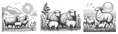 Sheep and Lambs in Pasture Set collection bundle sketch engraving generative ai vector illustration. Scratch board imitation. Black and white image.