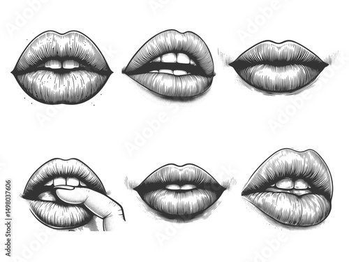 Lips Set collection bundle sketch engraving generative ai vector illustration. Scratch board imitation. Black and white image.