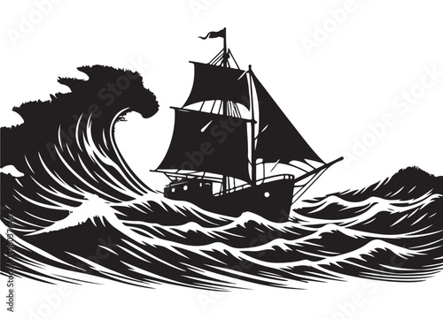 Braving the Storm A Silhouette of a Ship Facing Huge Waves