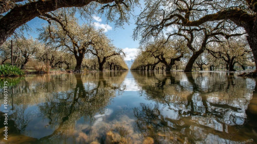 Obraz premium Flooded orchard reveals the extent of water damage under a bright blue sky