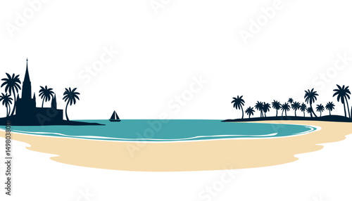 Silhouette of Barcelona with palm trees and beach in a minimalist style  