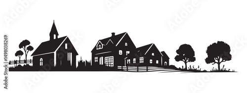 Quaint village silhouette vector illustration featuring houses church