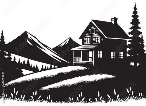 Cabin in the Woods Silhouette Vector Mountain Landscape Illustration