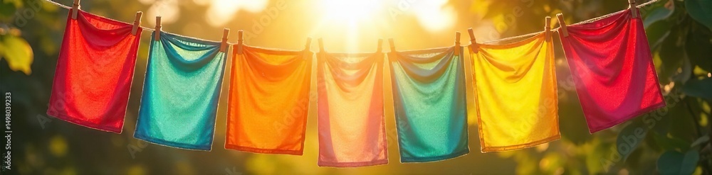 Vibrant colored laundry flapping gently in the breeze on a clothesline, bathed in the warm golden light of a sunny day Perfect for themes of summer, freshness, and home , light, textile, happiness Vibrant colored laundry flapping gently in the breeze on a clothesline, bathed in the warm golden light of a sunny day Perfect for themes of summer, freshness, and home , light, textile, happiness