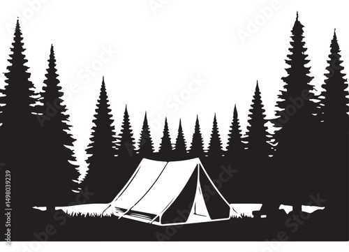 Camping tent silhouette in the woods outdoor adventure illustration