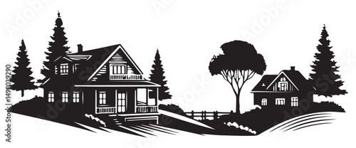 Countryside homes silhouette illustration scenic rural landscape getaway