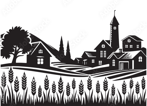 Charming village landscape silhouette vector illustration with wheat field