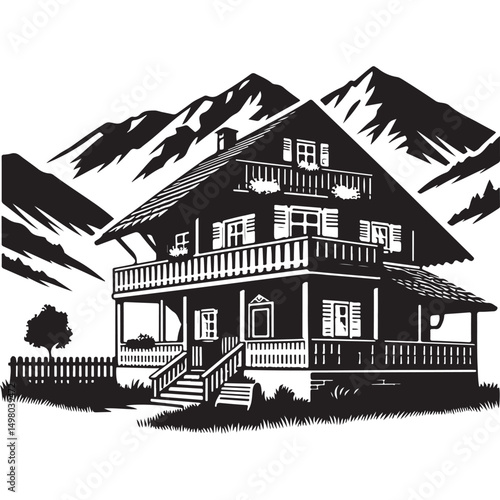 Detailed mountain chalet silhouette vector illustration peaceful retreat