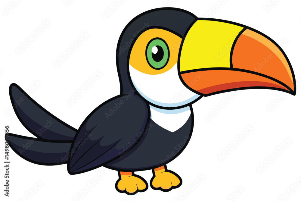 Fototapeta premium Cartoon Toucan Illustration Black Feathers, Yellow Beak, Green Eyes, and Orange Accents