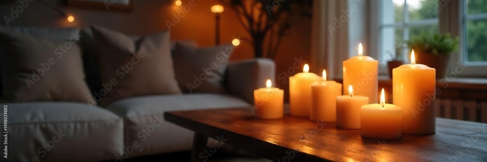 Cozy living room scene with multiple candles burning on a wooden table, creating a warm and inviting atmosphere Soft light illuminates the room, casting gentle shadows , cozy, scent, indoor Cozy living room scene with multiple candles burning on a wooden table, creating a warm and inviting atmosphere Soft light illuminates the room, casting gentle shadows , cozy, scent, indoor
