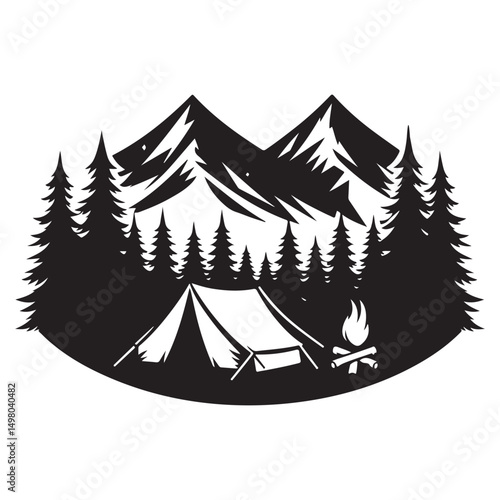 Camping in the Mountains Adventure Black Silhouette Vector Design