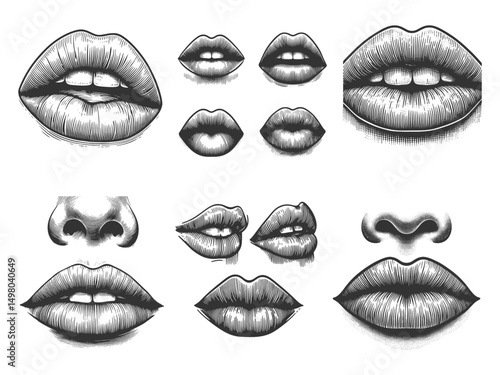 Lips Set collection bundle sketch engraving generative ai vector illustration. Scratch board imitation. Black and white image.