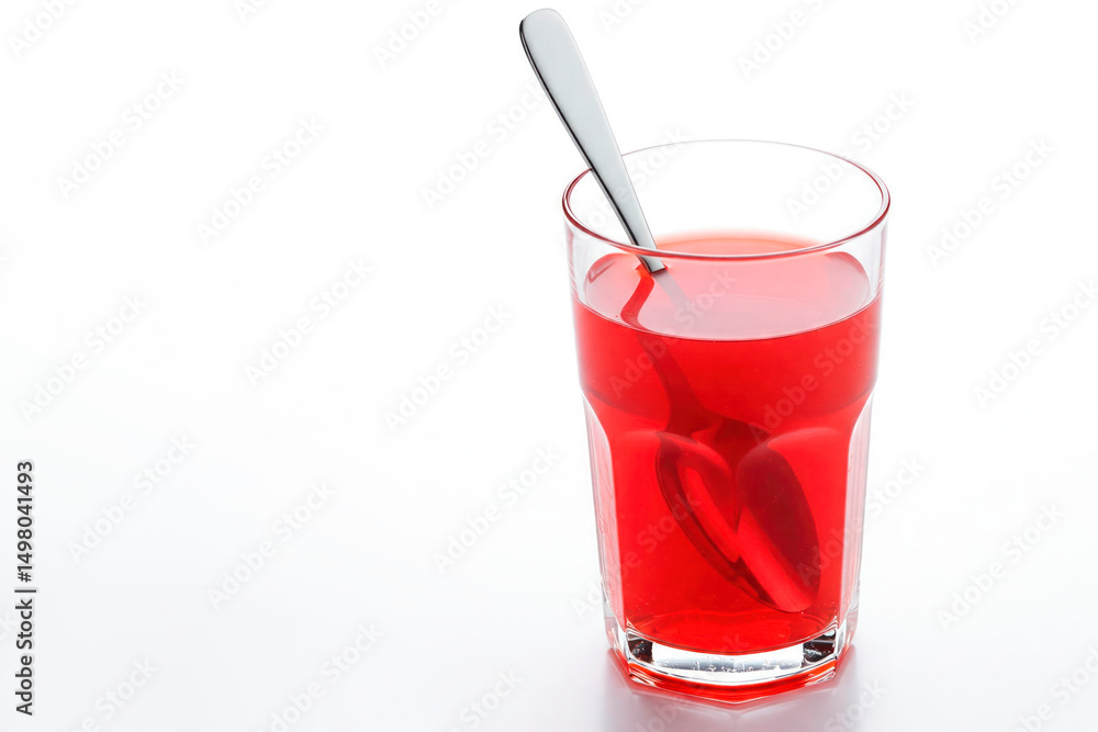 A transparent glass with a red drink and a metal spoon. Space for text. A transparent glass with a red drink and a metal spoon. Space for text.