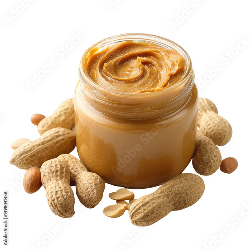 A glass jar of creamy peanut butter sits amidst shelled and unshelled peanuts, showcasing the product's texture and origin