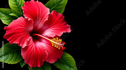 Wallpaper Mural Vibrant red hibiscus flower with green leaves on black background Torontodigital.ca