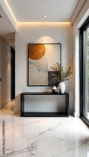 Elegant modern foyer with marble flooring and a statement art piece above a sleek console table, creating a sophisticated and welcoming entrance to a home , bright, lines
