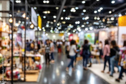 Busy trade show environment, diverse crowd exploring various booths, vibrant displays and engaging products, ideal for networking.