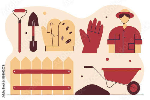 Flat illustration of gardening tools gardener and related elements for agricultural designs