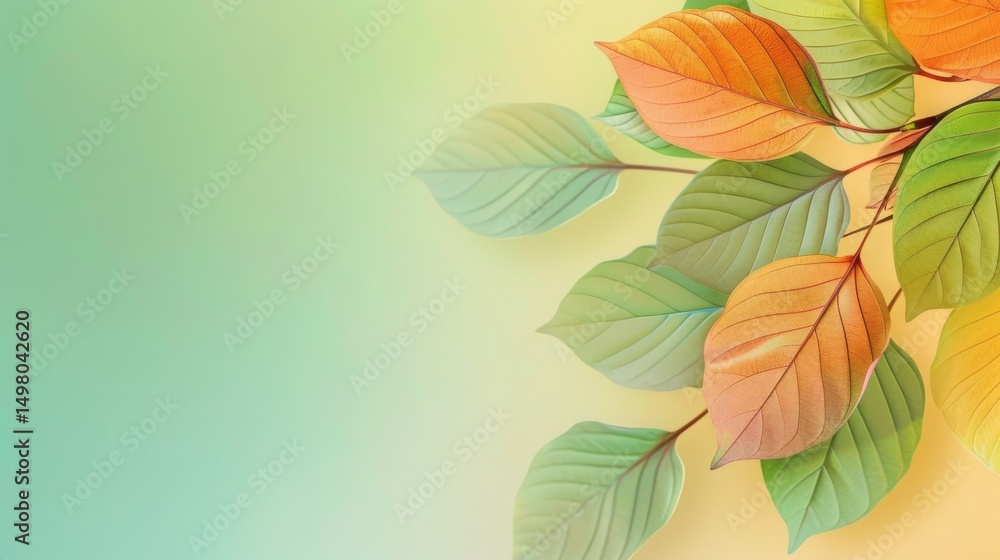 Fototapeta premium seasonal transition background from summer to autumn, green fading into orange, layered textures of leaves and soft shadows