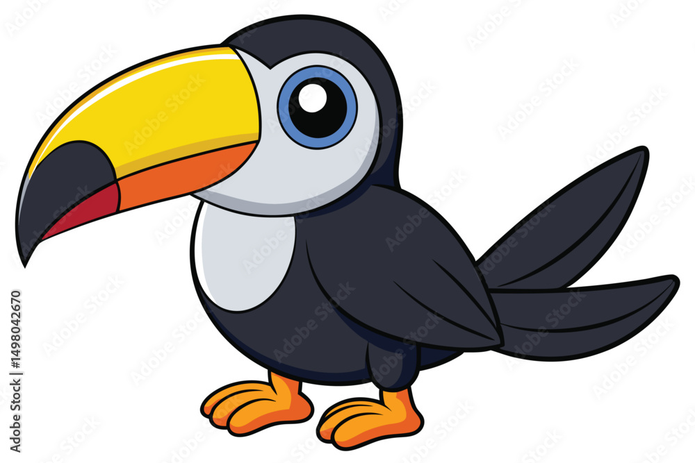 Naklejka premium Cartoon Toucan with Yellow Beak, Black Feathers, Orange Feet, and Blue Eyes